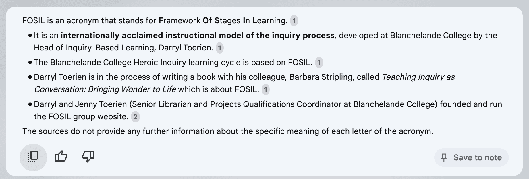 Notebook LM answer to "what does FOSIL mean?"